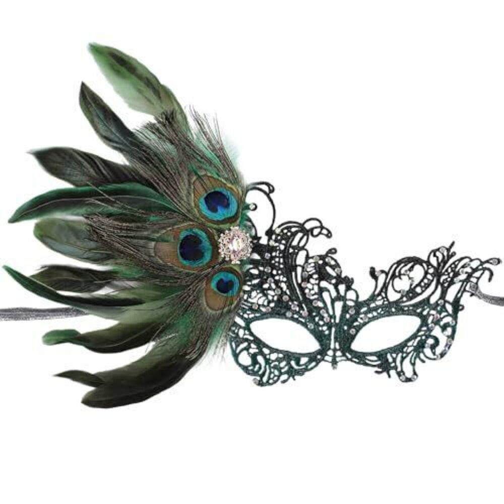 4021 Green Masquerade Masks - Handmade Peacock Feather Mask with Lace Shiny